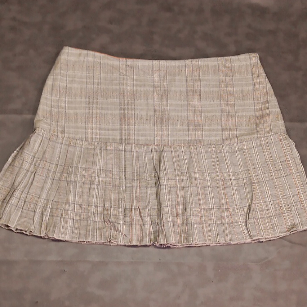 Elie Tahari Grey With Orange Details Pleated Plaid Mini Skirt